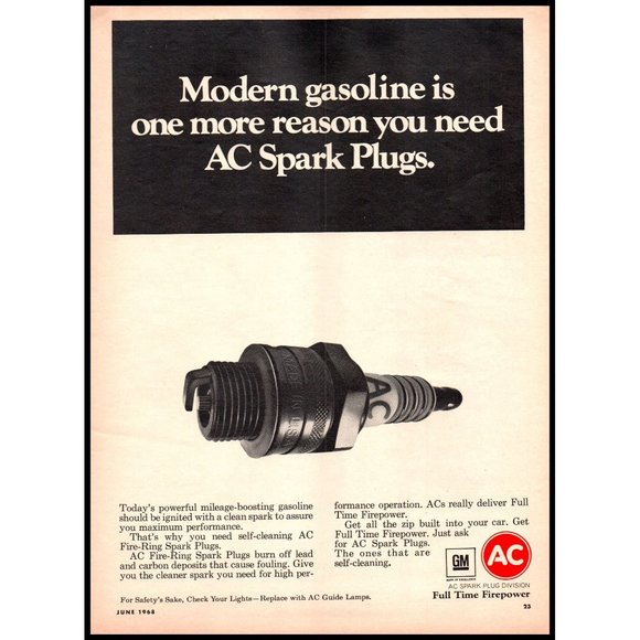 1968 AC Spark Plugs Full Time Firepower Vintage Print Ad Classic Car Wall Art - Picture 1 of 1